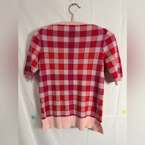 Ann Taylor Pink Red Purple Plaid Short Sleeve Sweater Top - Picture 2 of 14